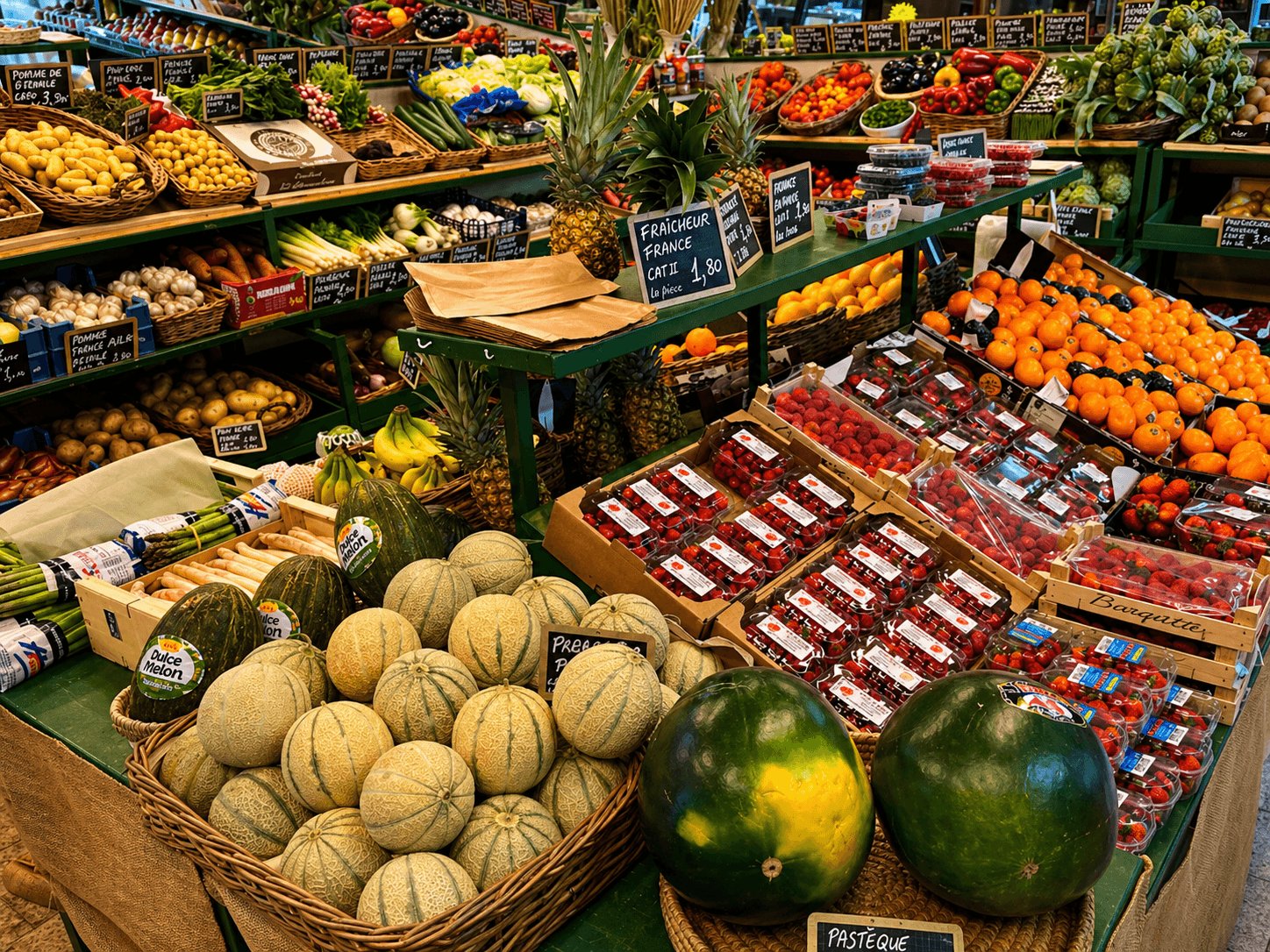 Étal coloré du Jardin de Cabestany — melons, fraises, cerises, agrumes